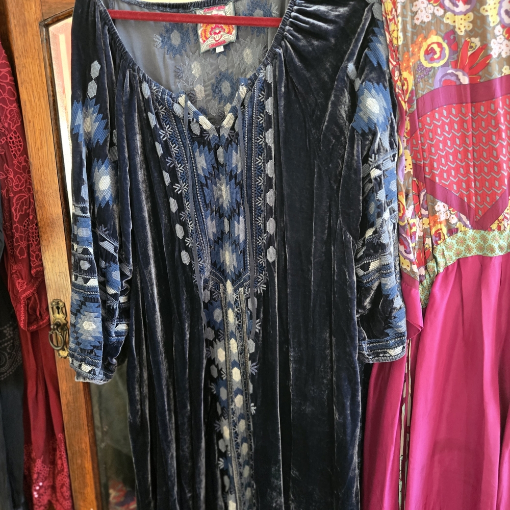 Johnny Was Plus Size Boho Smokey Blue Velvet And embroidered Dress